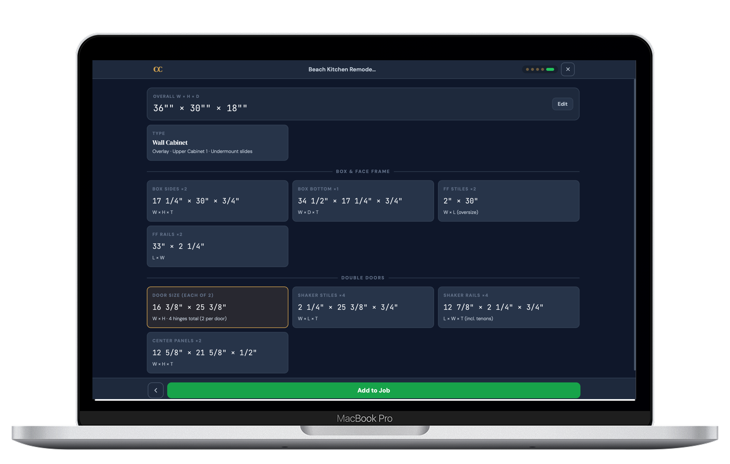 CabinetCalc cabinet calculator running on a Mac — cut list and dimensions view