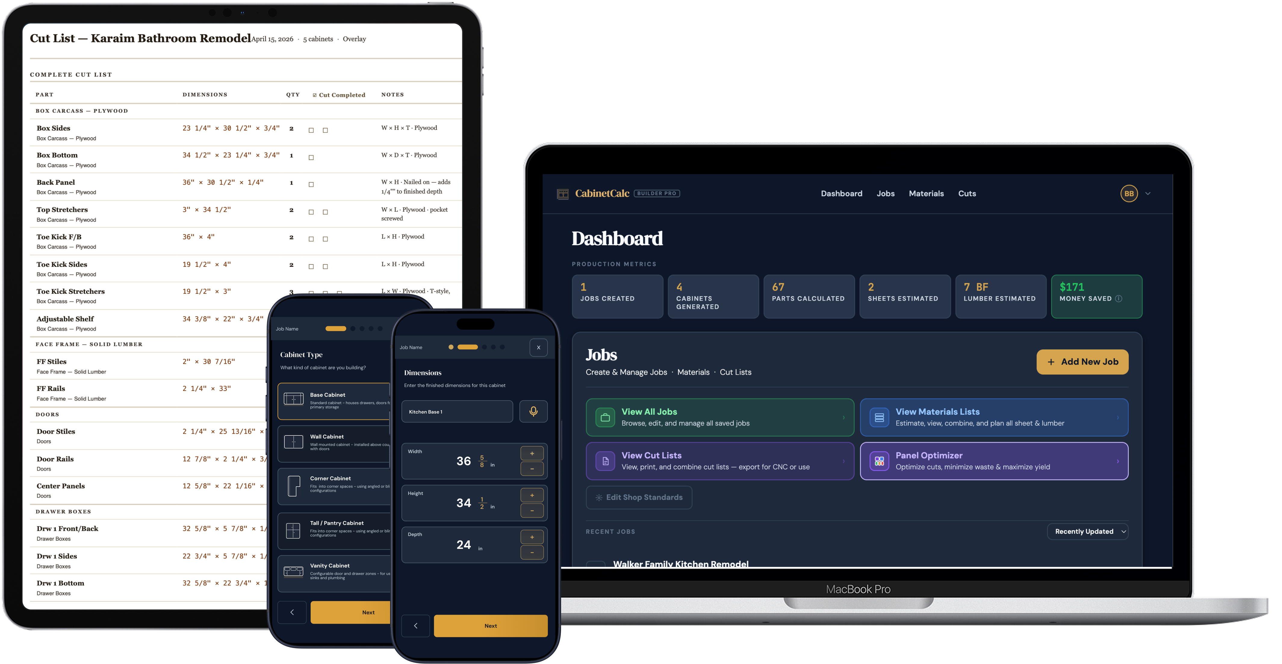 CabinetCalc running on Mac, iPad, and iPhone