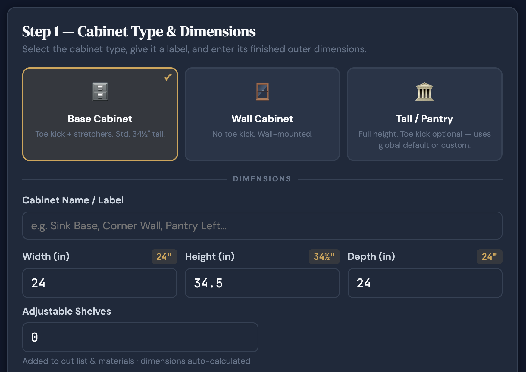 CabinetCalc cabinet type selection screen