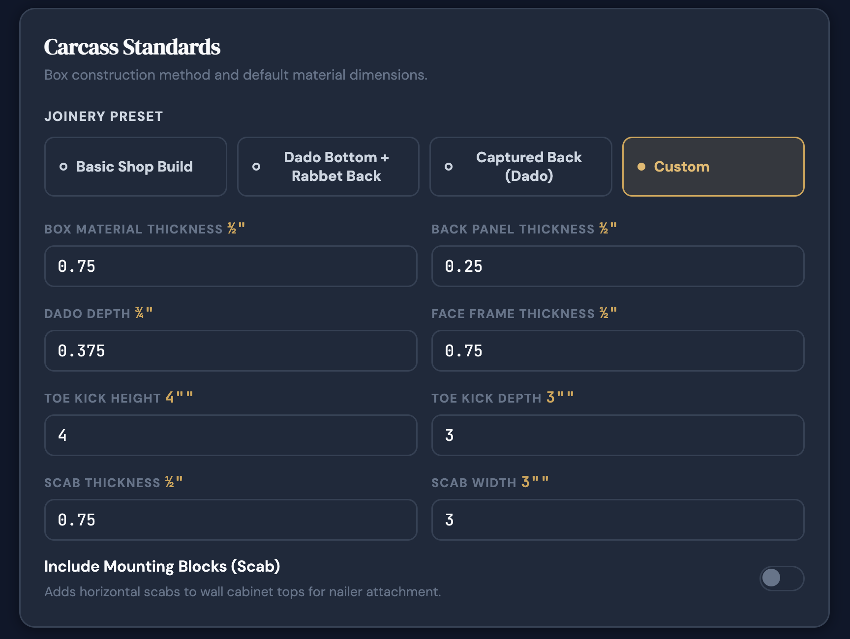 CabinetCalc shop standards setup screen